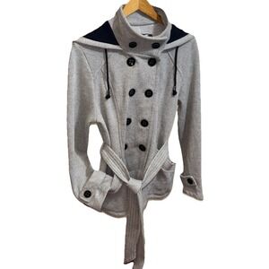Sebby Pea Coat Women Sz M Gray Hood Belt Pockets Herringbone Big Button Front